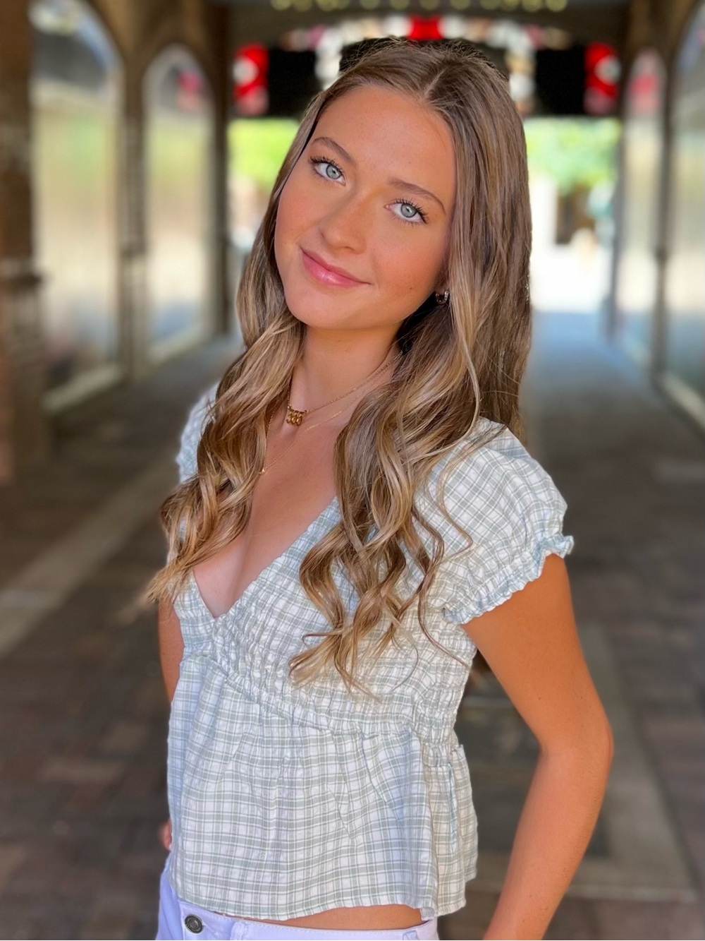 La Hearts Sage Green Plaid Smocked Peplum Top
